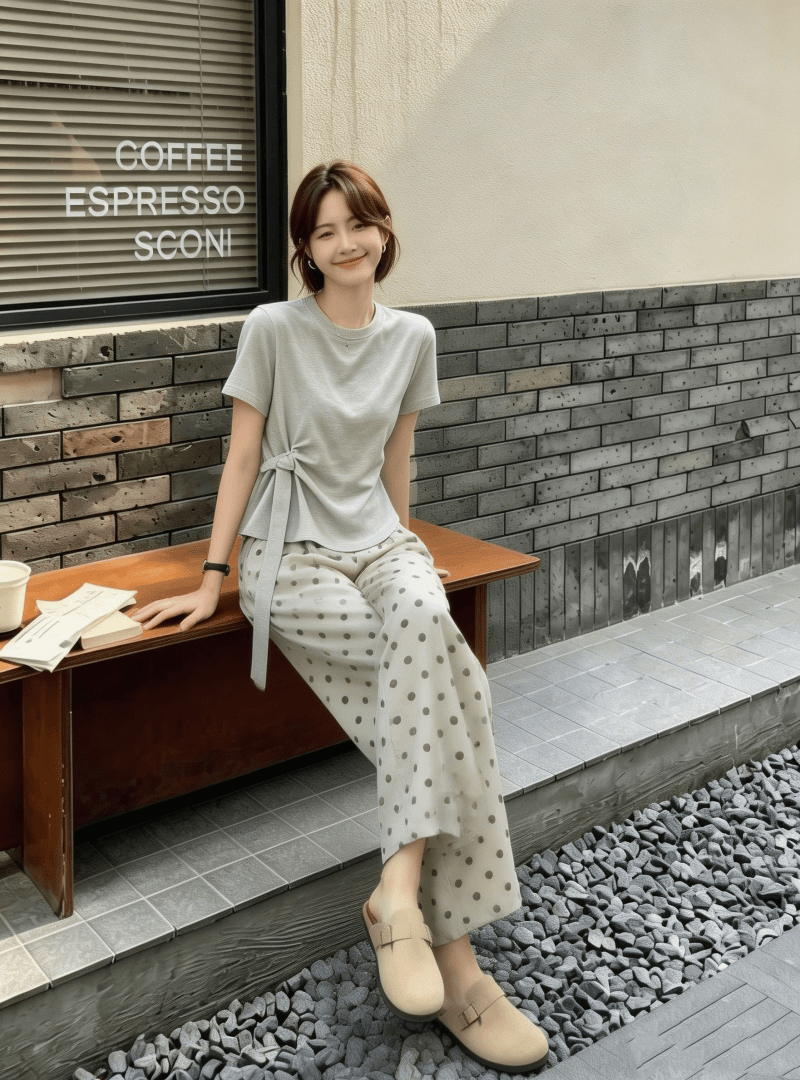 차가운 실크 차가운 면 2026 여름 새로운 한 부서 패션 회색 맨위 도트 무늬 캐주얼 바지 투피스 세트 세트 상세 이미지 5