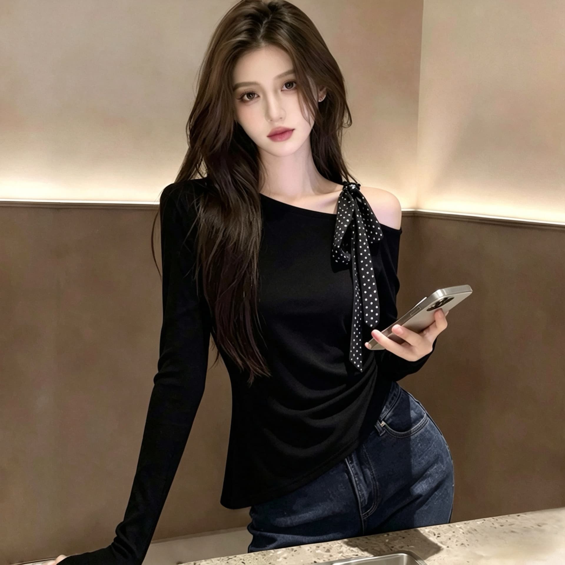 이른 봄 검정색 긴팔 순수한 욕망 바람 오프숄더 레이스업 허리 수축 슬림해 보이는 chic 다용도 티셔츠 디자인 센스 비스듬한 어깨 의류 이미지 2