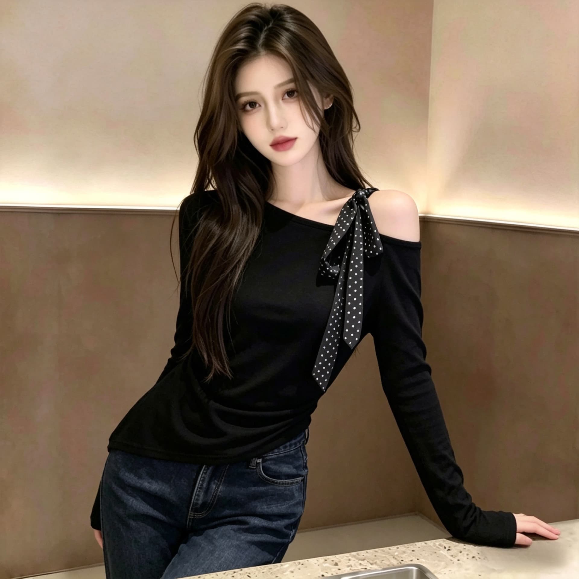 이른 봄 검정색 긴팔 순수한 욕망 바람 오프숄더 레이스업 허리 수축 슬림해 보이는 chic 다용도 티셔츠 디자인 센스 비스듬한 어깨 의류 상세 이미지 7