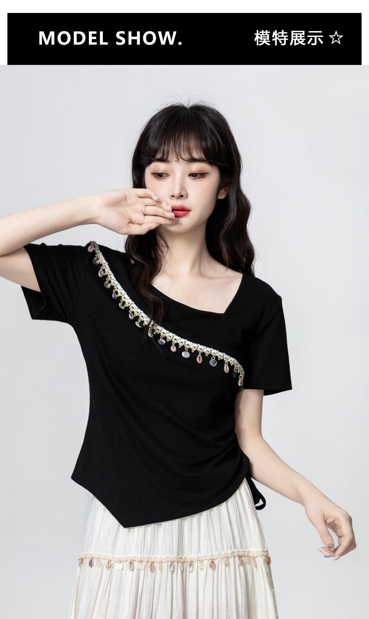 긍정적 인 어깨 비스듬한 칼라 반팔 티셔츠 여성 여름 2026 새로운 고유 한 Chic 몸매 가꾸기 쇼트 스타일 불규칙 펌프 로프 맨위 상세 이미지 3