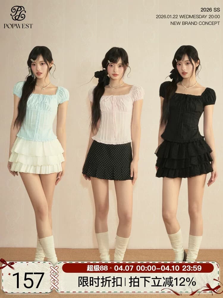 popwest 丨 홀로우 아웃 광장 칼라 오프숄더 거품 소매 작은 셔츠 나비 매듭 레이스 셔츠 여성 셔츠 이미지 2