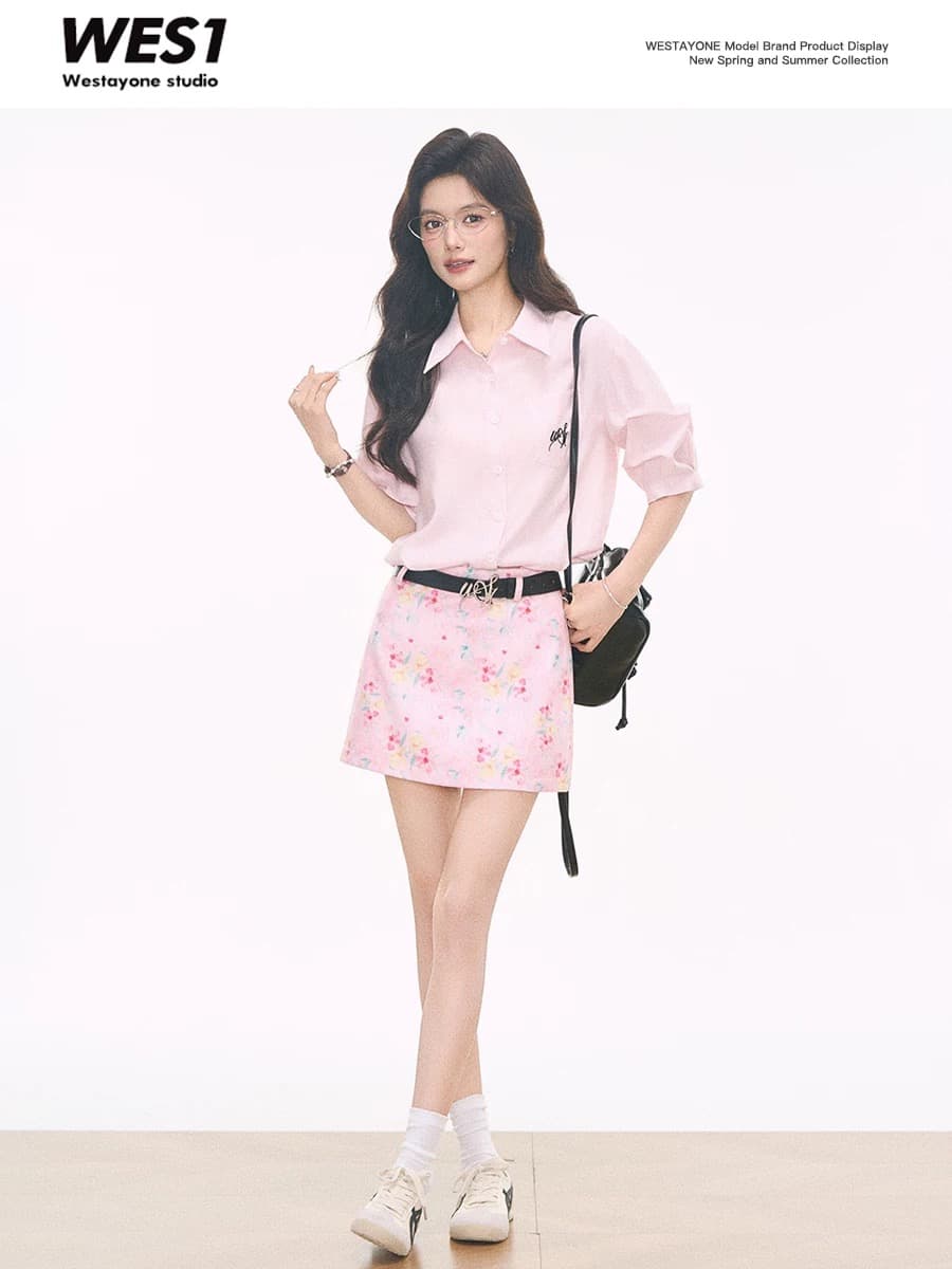 4.3 신제품 westayone 핑크색 여성 셔츠 작은 키 셔츠 고급 센스 유화 프린트 미니 스커트 이미지 3