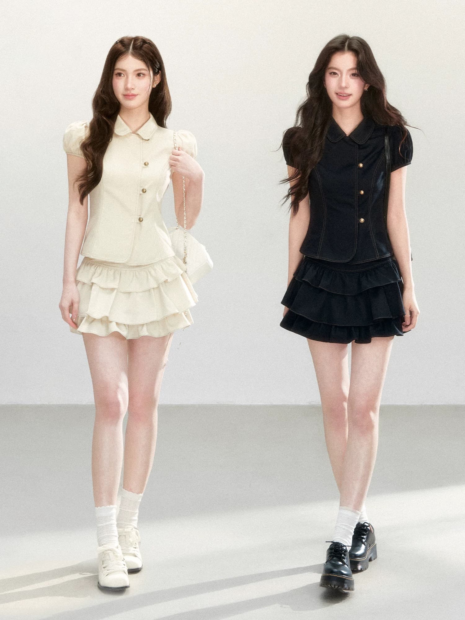 qdqd 달콤한 차가운 학원 스타일 세트 레트로 베이비 칼라 허리 수축 반팔 셔츠 소녀 센스 케이크 미니 스커트 여름 이미지 3