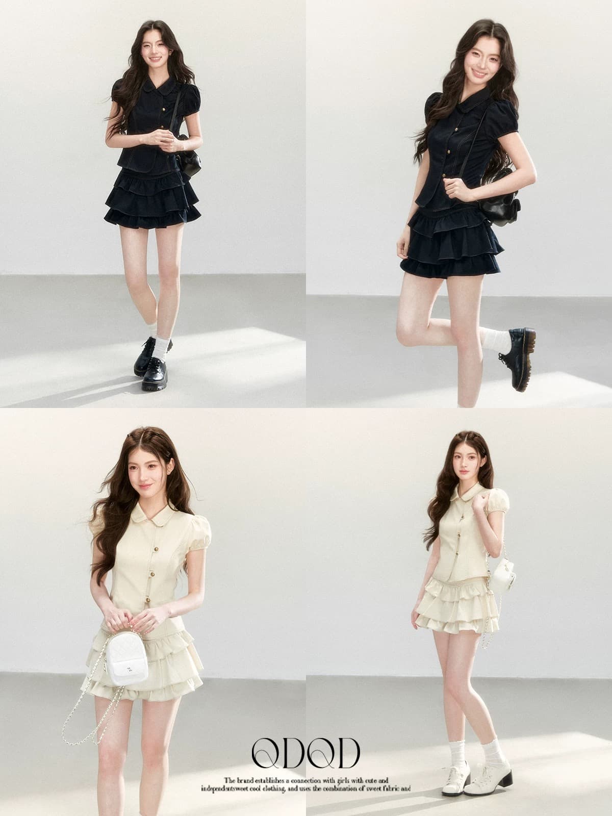 qdqd 달콤한 차가운 학원 스타일 세트 레트로 베이비 칼라 허리 수축 반팔 셔츠 소녀 센스 케이크 미니 스커트 여름 이미지 4