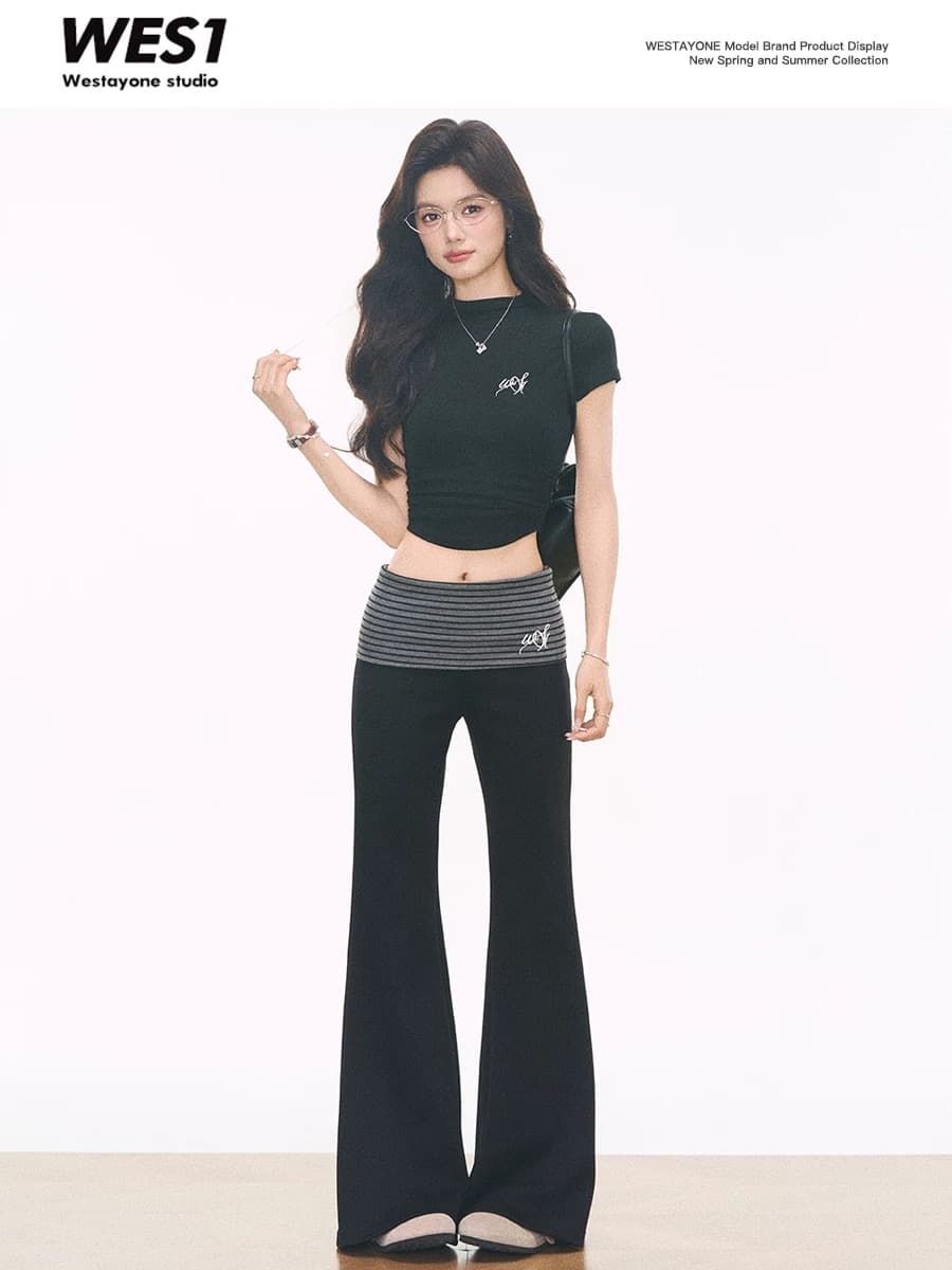 4.13 신제품 westayone 여름 허리 수축 반팔 티셔츠 출퇴근 고급 센스 스트라이프 뒤집다 측면 부츠컷 바지 이미지 3