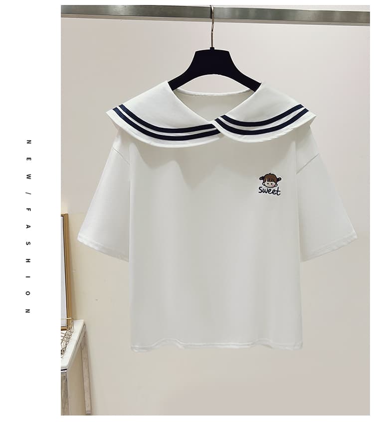 생각하기 Loy 실사 여름 2026 새로운 한국 스타일 달콤함 학원 스타일 해군 베이비 칼라 반팔 맨위 여성 상세 이미지 20