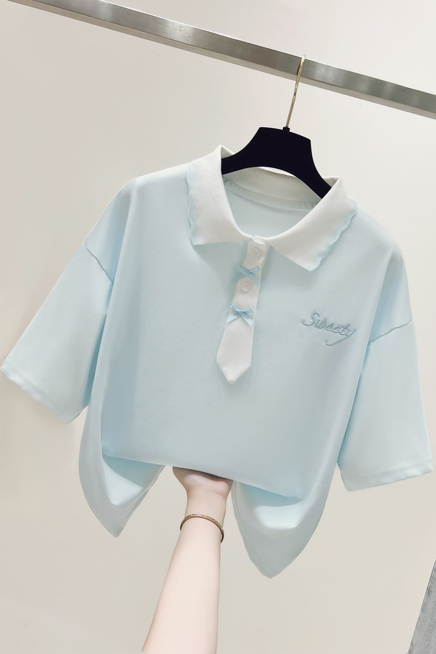 생각하기 Loy 실사 2026 학원 스타일 패치워크 색상 POLO 칼라 반팔 미니멀리즘 티셔츠 슬림해 보이는 풀오버 맨위 이미지 6