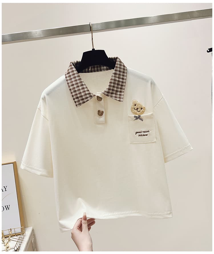 생각하기 Loy 실사 2026 캠퍼스 바람 패치워크 색상 체크무늬 POLO 칼라 반팔 작은 곰 자수 티셔츠 슬림해 보이는 맨위 상세 이미지 21