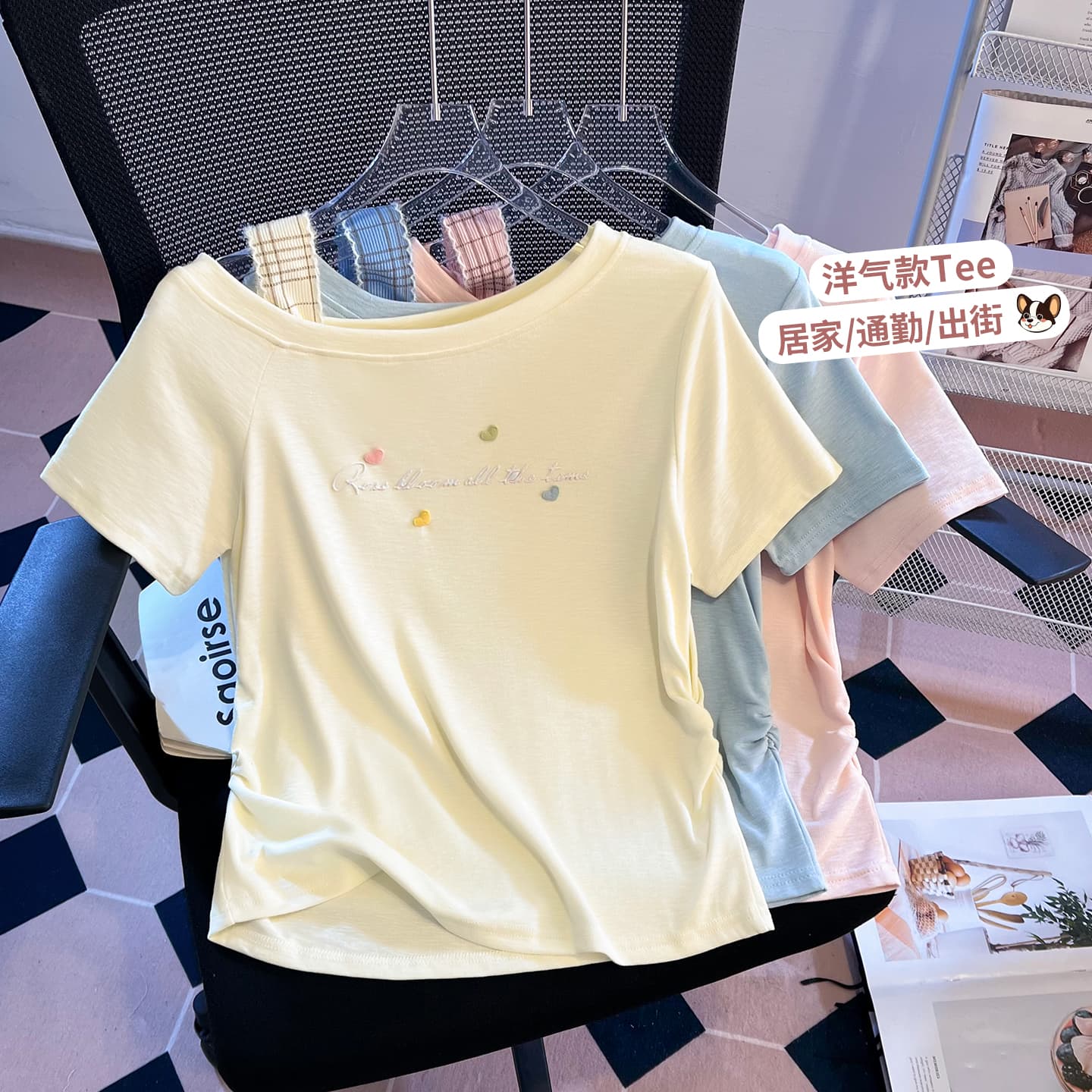 생각하기 Loy 실사 2026 새로운 달콤한 차가운 바람 비스듬한 어깨 다림질 플라워 반팔 티셔츠 체크무늬 어깨끈 인터넷 유명인 슬림해 보이는 맨위 이미지 2