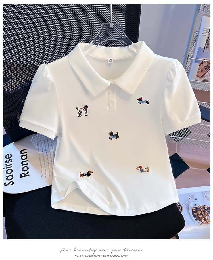 생각하기 Loy 실사 2026 여름 새로운 POLO 칼라 어린애 같은 자수 강아지 베이비 칼라 거품 소매 반팔 맨위 상세 이미지 14