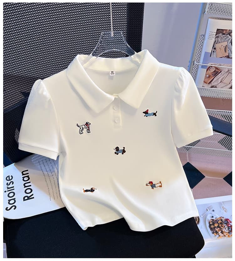 생각하기 Loy 실사 2026 여름 새로운 POLO 칼라 어린애 같은 자수 강아지 베이비 칼라 거품 소매 반팔 맨위 상세 이미지 16
