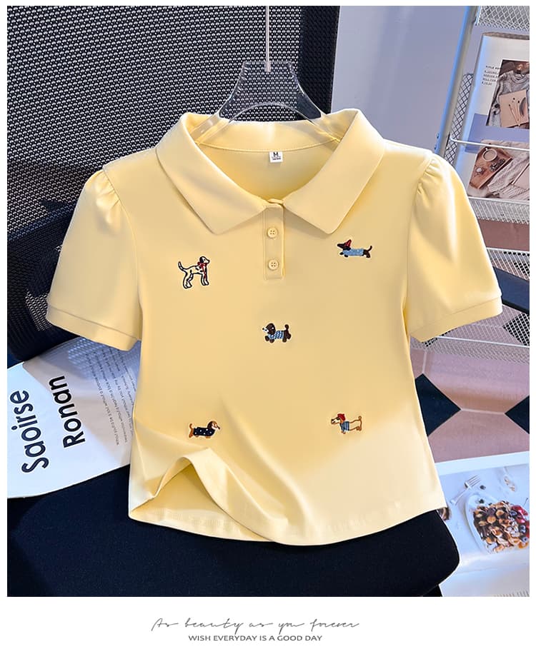 생각하기 Loy 실사 2026 여름 새로운 POLO 칼라 어린애 같은 자수 강아지 베이비 칼라 거품 소매 반팔 맨위 상세 이미지 19