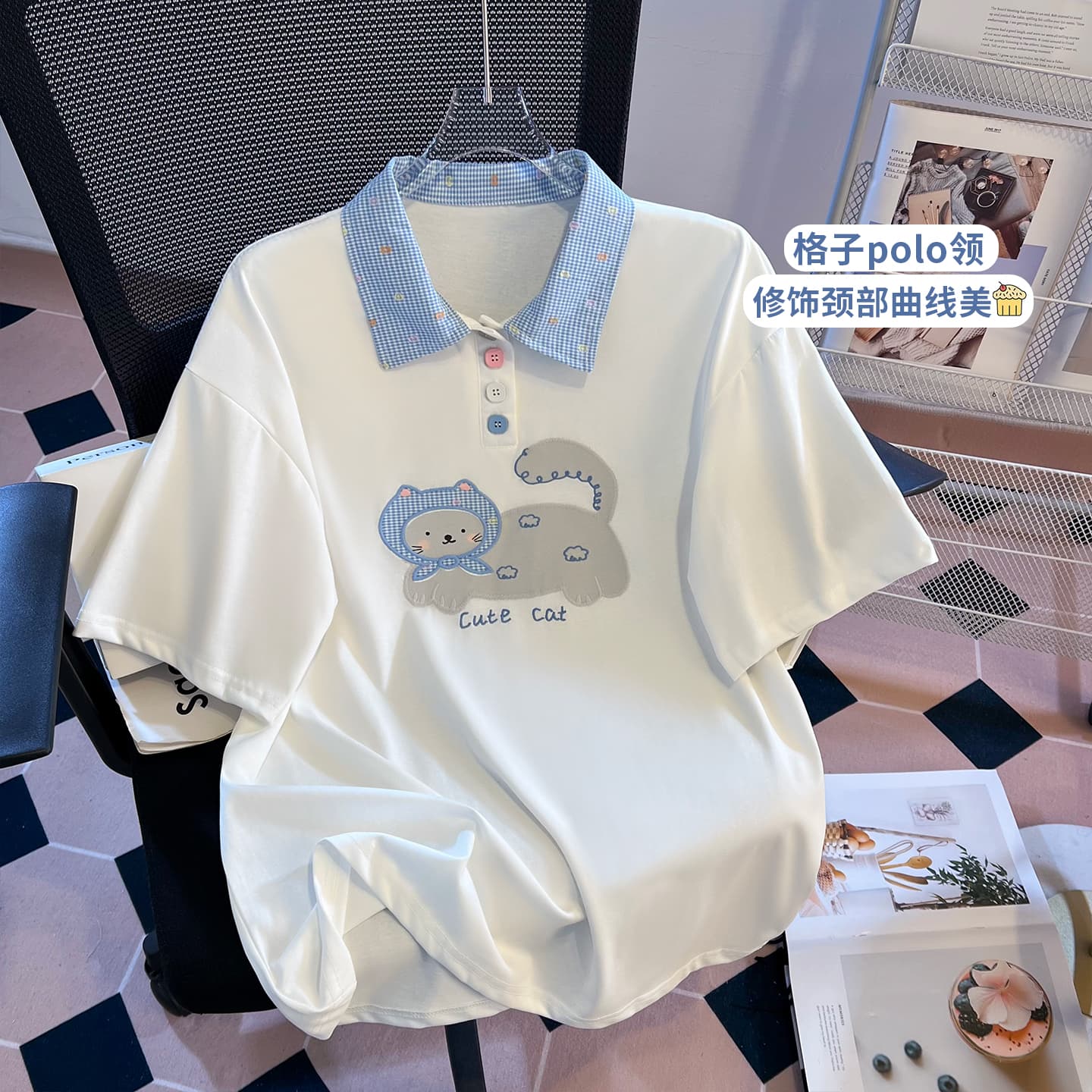 생각하기 Loy 실사 2026 여름 새로운 체크무늬 POLO 칼라 고양이 자수 대 에디션 반팔 티셔츠 이미지 4