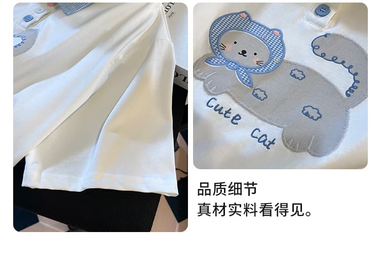생각하기 Loy 실사 2026 여름 새로운 체크무늬 POLO 칼라 고양이 자수 대 에디션 반팔 티셔츠 상세 이미지 8