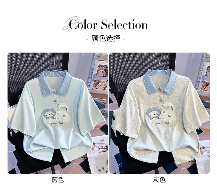 생각하기 Loy 실사 2026 여름 새로운 체크무늬 POLO 칼라 고양이 자수 대 에디션 반팔 티셔츠 상세 이미지 11