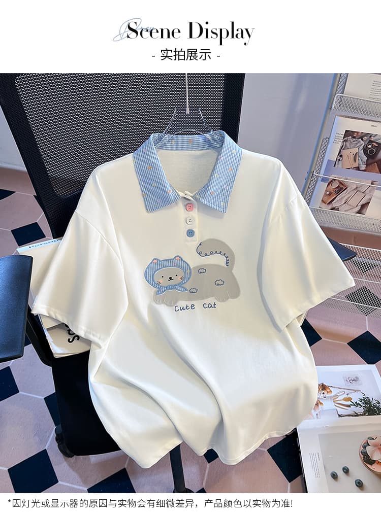 생각하기 Loy 실사 2026 여름 새로운 체크무늬 POLO 칼라 고양이 자수 대 에디션 반팔 티셔츠 상세 이미지 13
