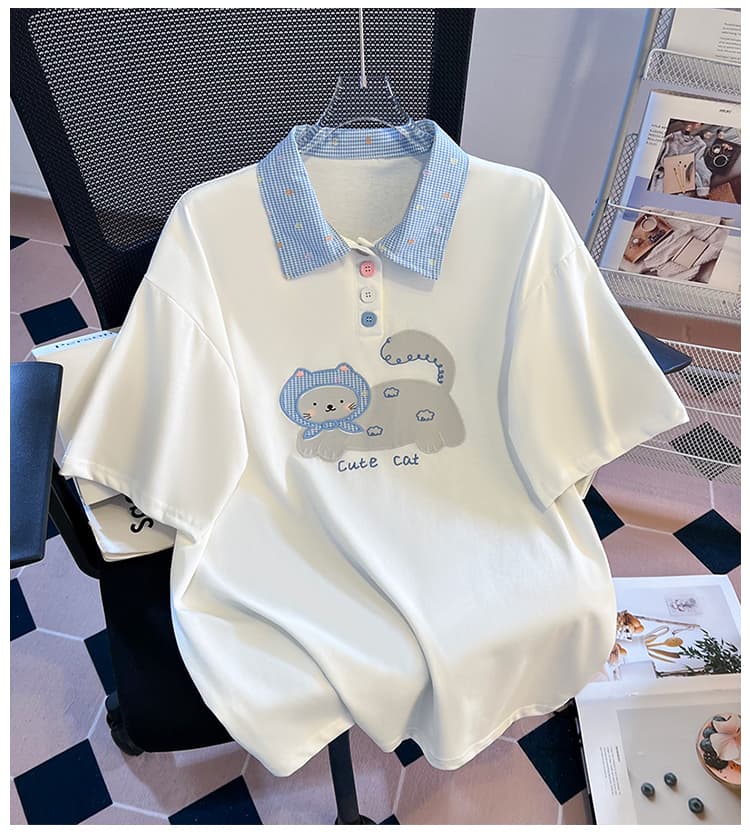 생각하기 Loy 실사 2026 여름 새로운 체크무늬 POLO 칼라 고양이 자수 대 에디션 반팔 티셔츠 상세 이미지 16