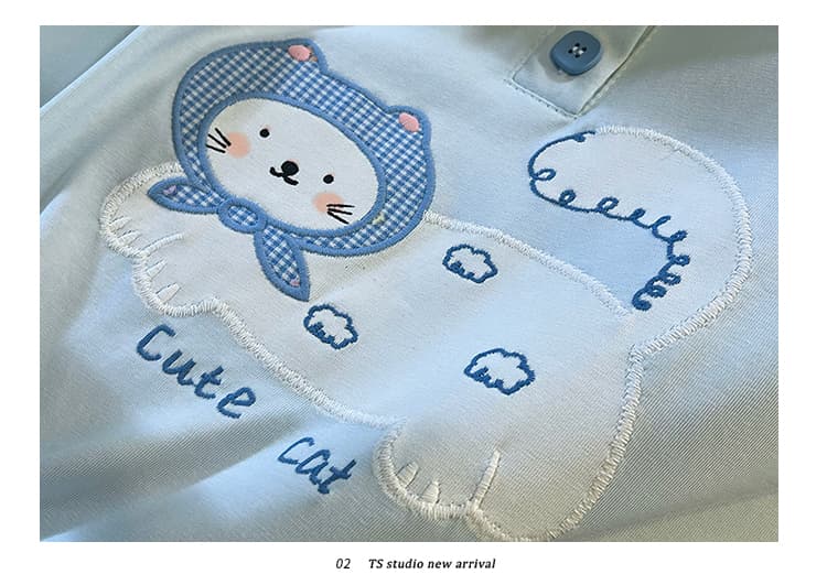 생각하기 Loy 실사 2026 여름 새로운 체크무늬 POLO 칼라 고양이 자수 대 에디션 반팔 티셔츠 상세 이미지 29