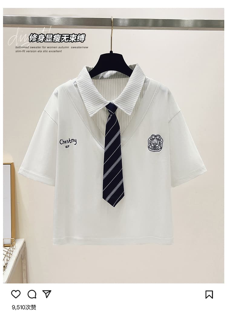 생각하기 Loy 실사 2026 여름 새로운 작은 곰 자수 학원 스타일 페이크 레이어드 루즈핏 POLO 칼라 반팔 티셔츠 상세 이미지 4