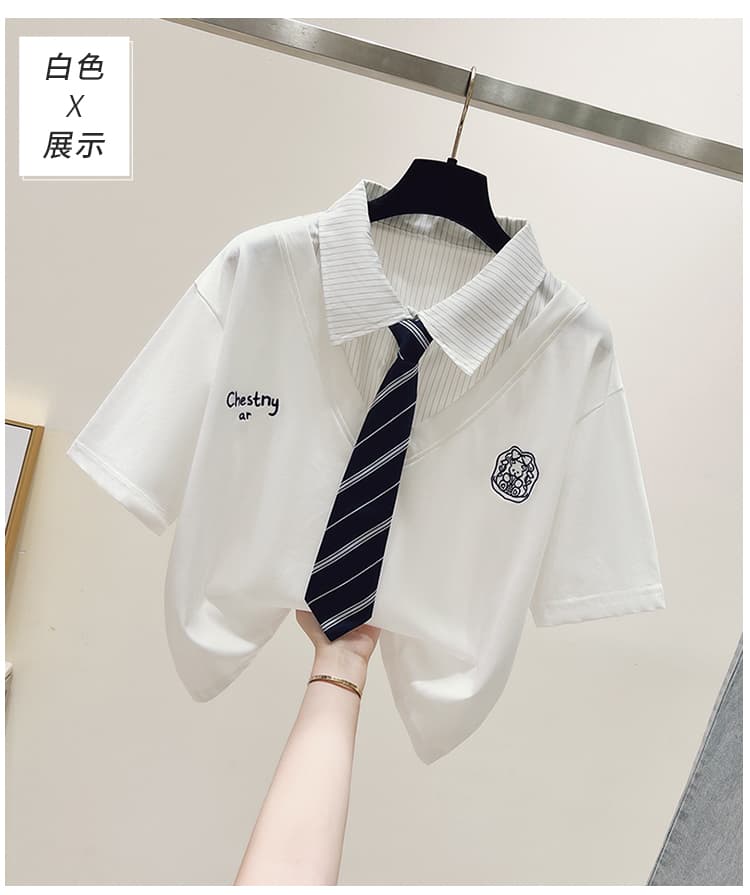 생각하기 Loy 실사 2026 여름 새로운 작은 곰 자수 학원 스타일 페이크 레이어드 루즈핏 POLO 칼라 반팔 티셔츠 상세 이미지 12
