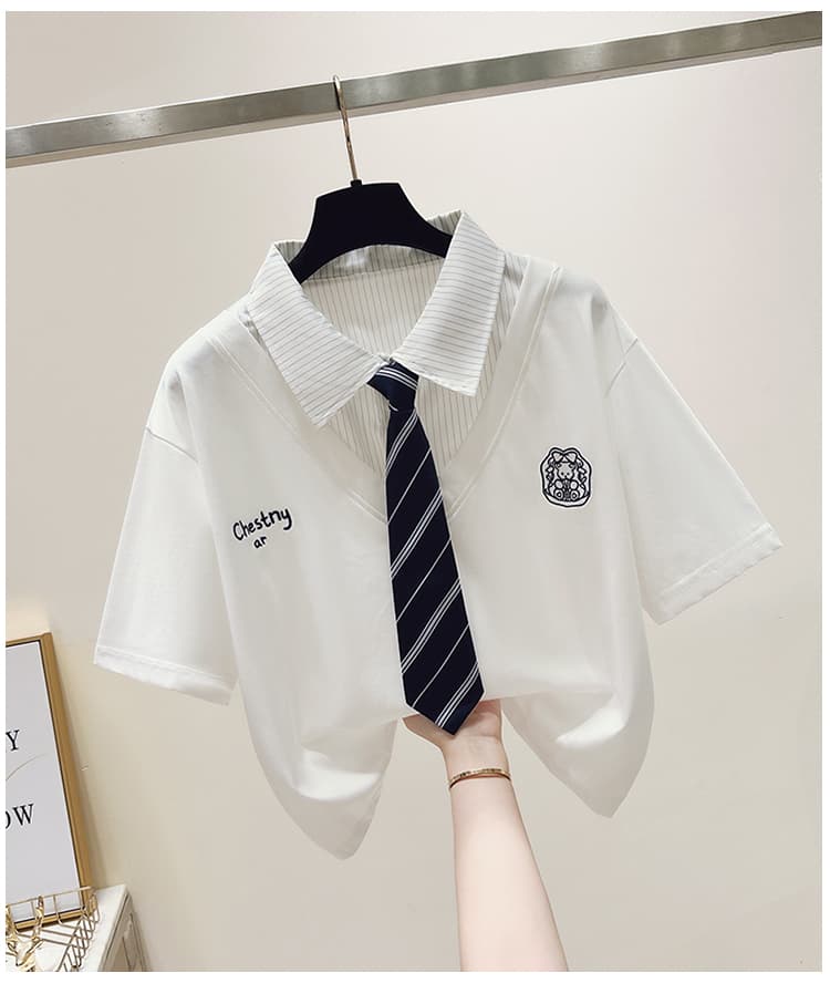 생각하기 Loy 실사 2026 여름 새로운 작은 곰 자수 학원 스타일 페이크 레이어드 루즈핏 POLO 칼라 반팔 티셔츠 상세 이미지 13