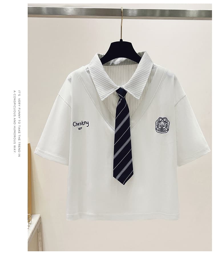 생각하기 Loy 실사 2026 여름 새로운 작은 곰 자수 학원 스타일 페이크 레이어드 루즈핏 POLO 칼라 반팔 티셔츠 상세 이미지 14