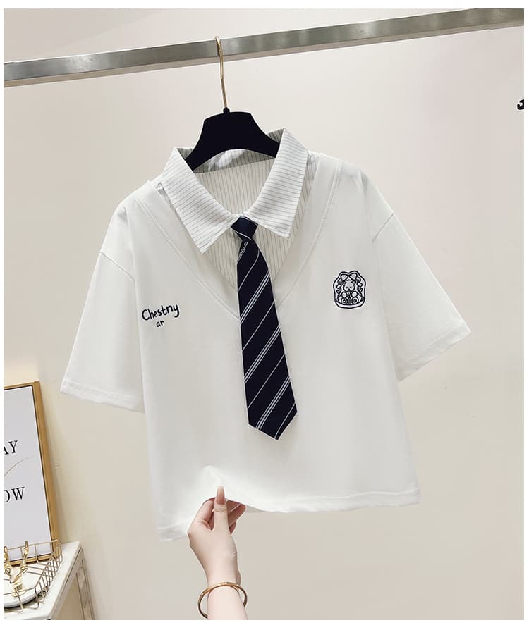 생각하기 Loy 실사 2026 여름 새로운 작은 곰 자수 학원 스타일 페이크 레이어드 루즈핏 POLO 칼라 반팔 티셔츠 상세 이미지 15
