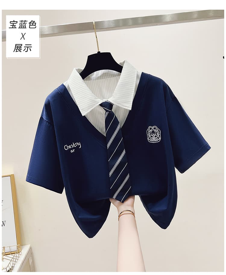 생각하기 Loy 실사 2026 여름 새로운 작은 곰 자수 학원 스타일 페이크 레이어드 루즈핏 POLO 칼라 반팔 티셔츠 상세 이미지 18