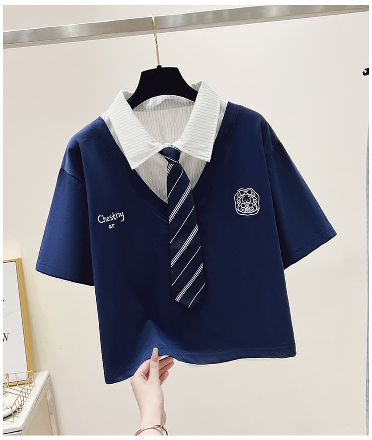 생각하기 Loy 실사 2026 여름 새로운 작은 곰 자수 학원 스타일 페이크 레이어드 루즈핏 POLO 칼라 반팔 티셔츠 상세 이미지 21