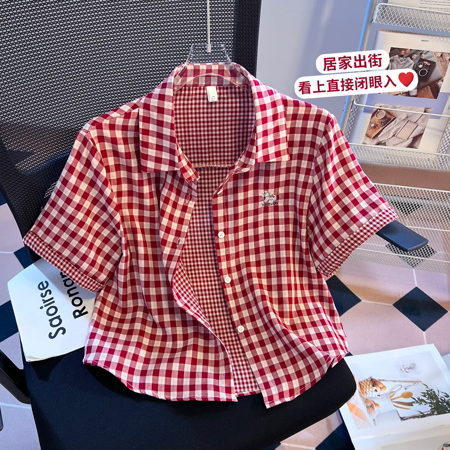 소녀 바람 격자 무늬 셔츠 반팔 여름 새로운 루즈핏 폴로 칼라 자수 셔츠 외국 가스 다용도 반소매 맨위 이미지 5
