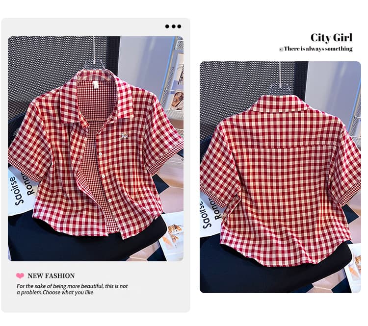 소녀 바람 격자 무늬 셔츠 반팔 여름 새로운 루즈핏 폴로 칼라 자수 셔츠 외국 가스 다용도 반소매 맨위 상세 이미지 3