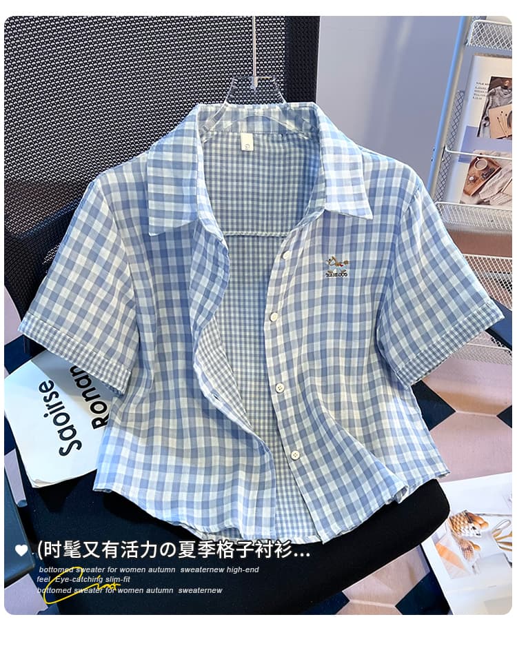 소녀 바람 격자 무늬 셔츠 반팔 여름 새로운 루즈핏 폴로 칼라 자수 셔츠 외국 가스 다용도 반소매 맨위 상세 이미지 5