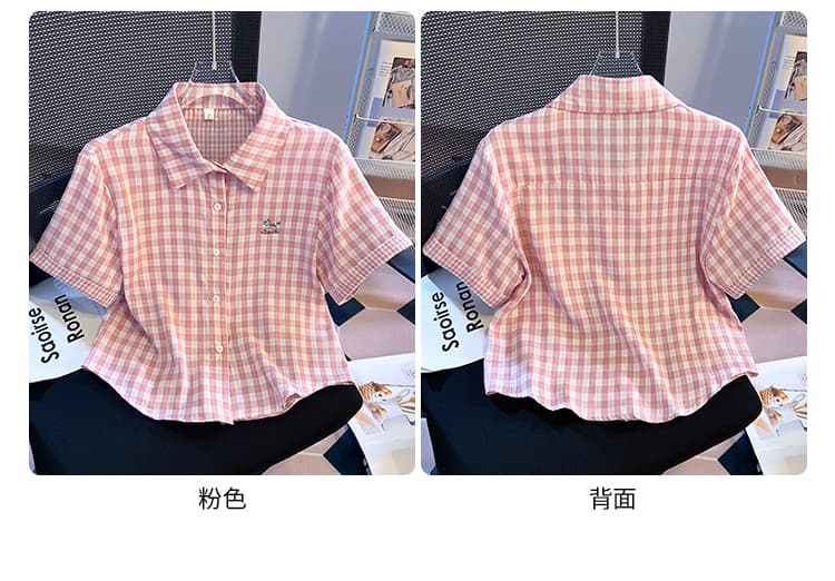 소녀 바람 격자 무늬 셔츠 반팔 여름 새로운 루즈핏 폴로 칼라 자수 셔츠 외국 가스 다용도 반소매 맨위 상세 이미지 12