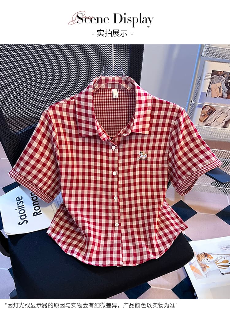 소녀 바람 격자 무늬 셔츠 반팔 여름 새로운 루즈핏 폴로 칼라 자수 셔츠 외국 가스 다용도 반소매 맨위 상세 이미지 13