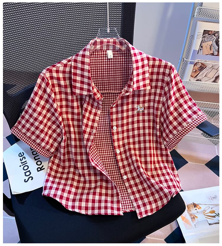 소녀 바람 격자 무늬 셔츠 반팔 여름 새로운 루즈핏 폴로 칼라 자수 셔츠 외국 가스 다용도 반소매 맨위 상세 이미지 16