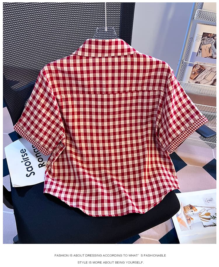 소녀 바람 격자 무늬 셔츠 반팔 여름 새로운 루즈핏 폴로 칼라 자수 셔츠 외국 가스 다용도 반소매 맨위 상세 이미지 17