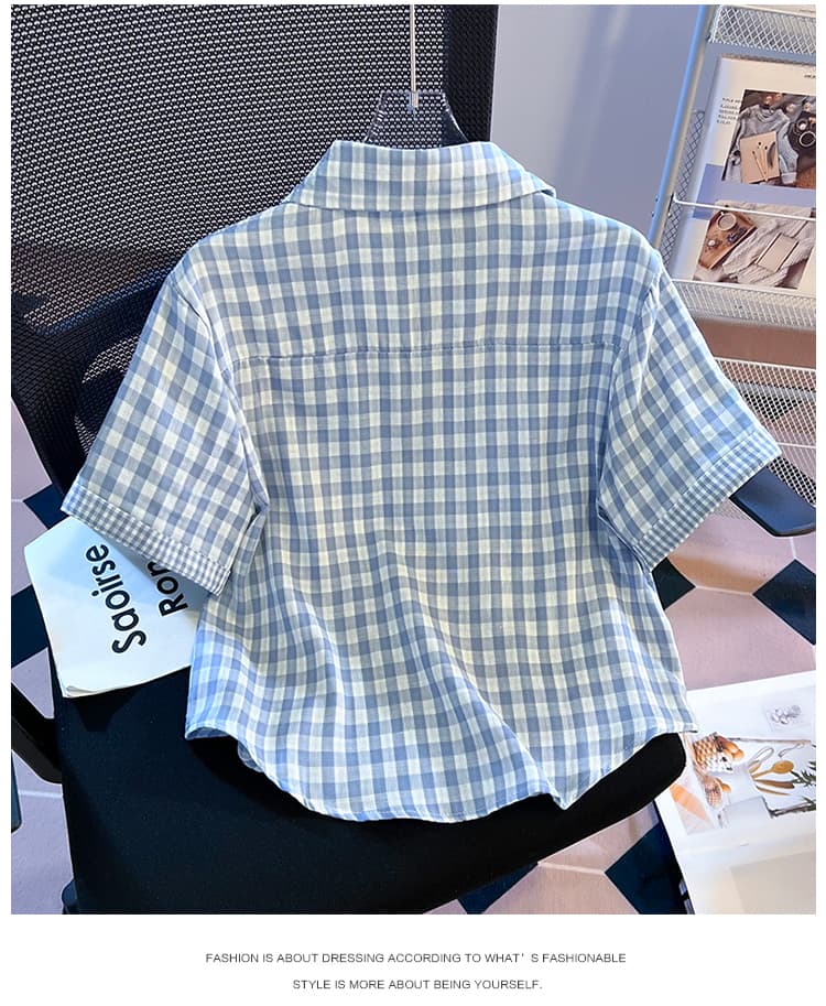 소녀 바람 격자 무늬 셔츠 반팔 여름 새로운 루즈핏 폴로 칼라 자수 셔츠 외국 가스 다용도 반소매 맨위 상세 이미지 22