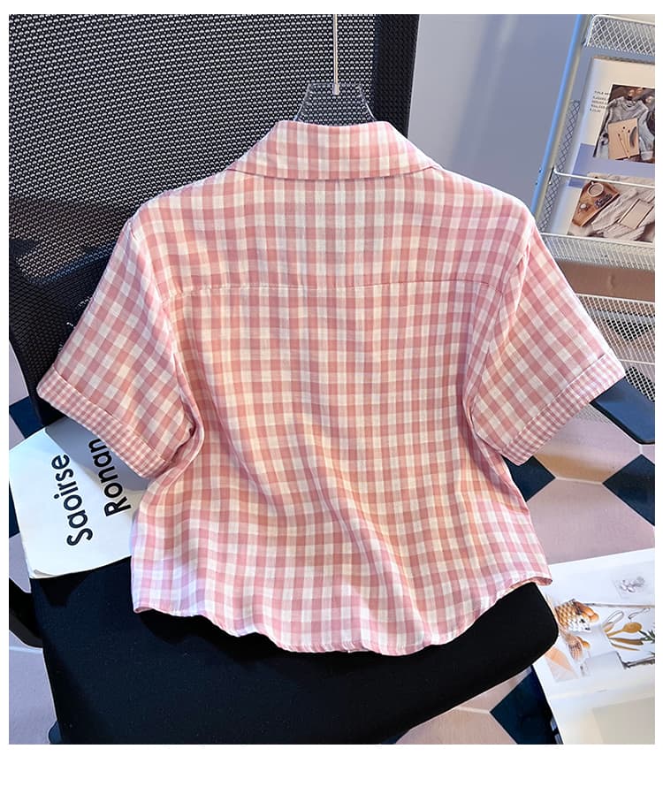 소녀 바람 격자 무늬 셔츠 반팔 여름 새로운 루즈핏 폴로 칼라 자수 셔츠 외국 가스 다용도 반소매 맨위 상세 이미지 27