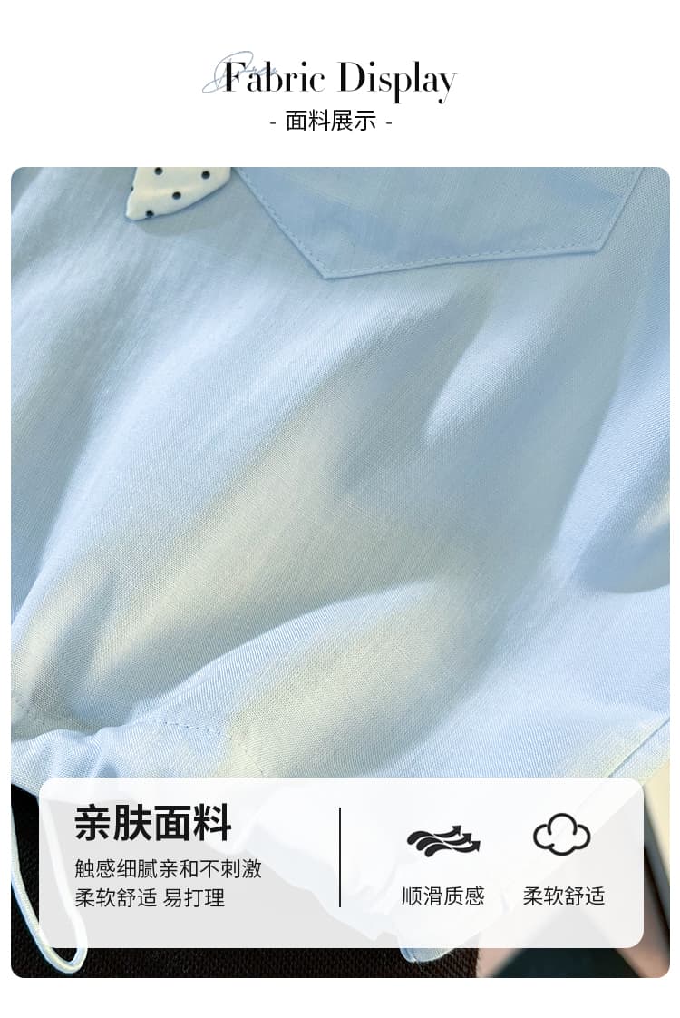 생각하기 Loy 실사 POLO 칼라 반팔 여성 셔츠 새로운 도트 무늬 리본 쇼트 스타일 펌프 로프 허리 수축 슬림해 보이는 맨위 상세 이미지 6