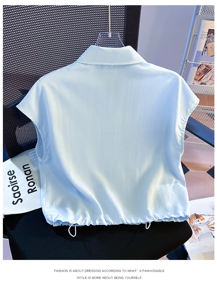 생각하기 Loy 실사 POLO 칼라 반팔 여성 셔츠 새로운 도트 무늬 리본 쇼트 스타일 펌프 로프 허리 수축 슬림해 보이는 맨위 상세 이미지 17