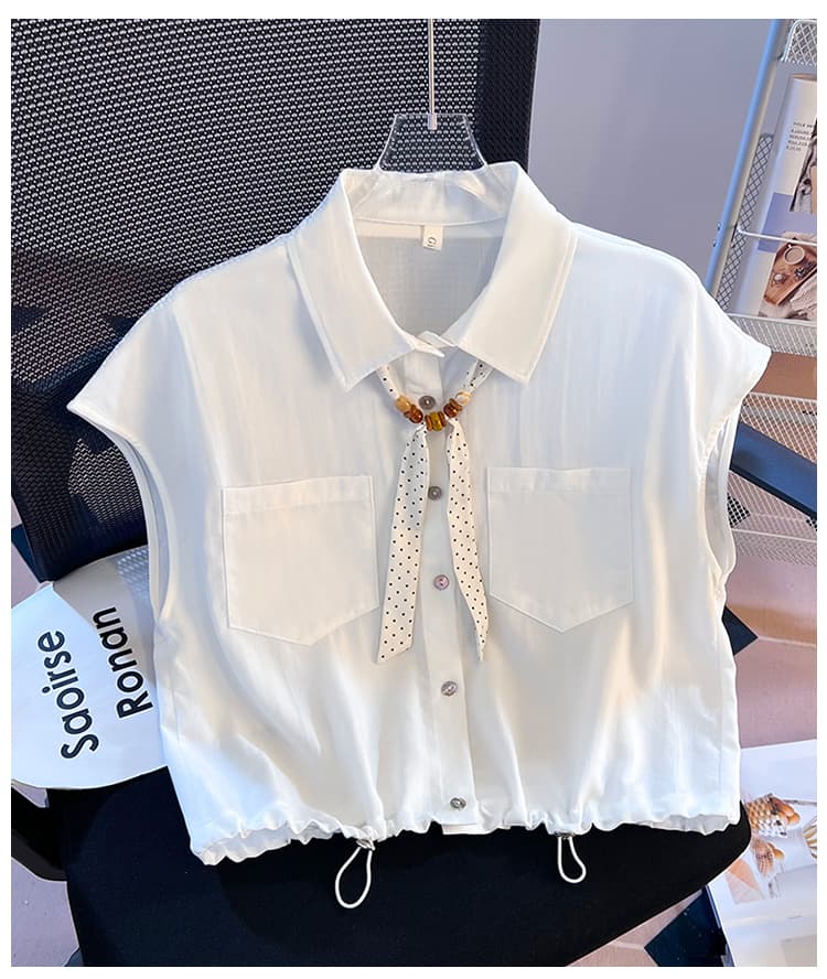생각하기 Loy 실사 POLO 칼라 반팔 여성 셔츠 새로운 도트 무늬 리본 쇼트 스타일 펌프 로프 허리 수축 슬림해 보이는 맨위 상세 이미지 21