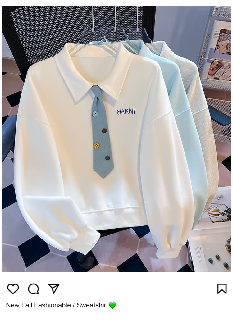 생각하기 Loy 실사 2026 새로운 데님 넥타이 작은 청신 자수 학원 스타일 루즈핏 POLO 칼라 후드티 상세 이미지 3