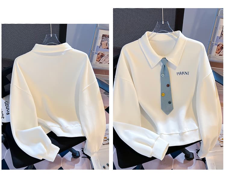 생각하기 Loy 실사 2026 새로운 데님 넥타이 작은 청신 자수 학원 스타일 루즈핏 POLO 칼라 후드티 상세 이미지 5