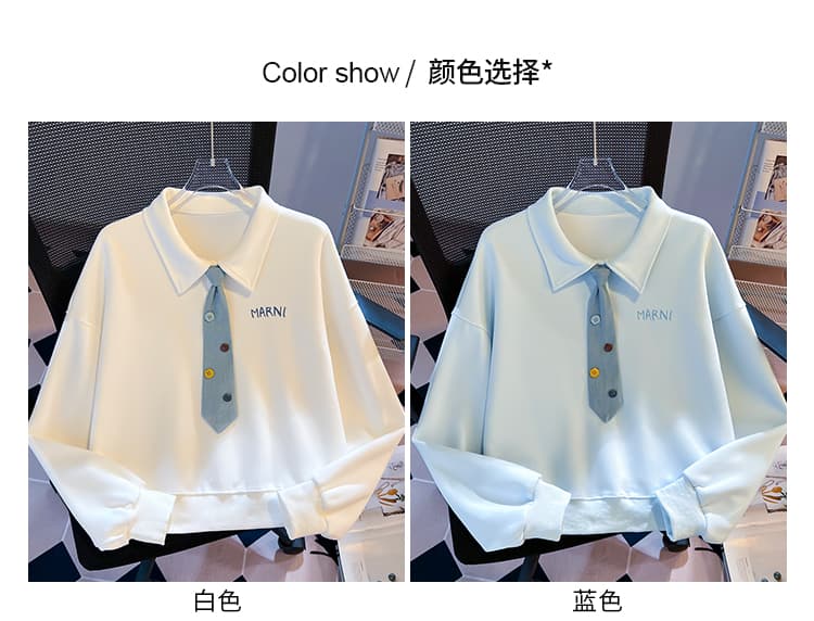 생각하기 Loy 실사 2026 새로운 데님 넥타이 작은 청신 자수 학원 스타일 루즈핏 POLO 칼라 후드티 상세 이미지 11