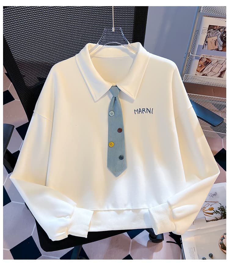 생각하기 Loy 실사 2026 새로운 데님 넥타이 작은 청신 자수 학원 스타일 루즈핏 POLO 칼라 후드티 상세 이미지 16