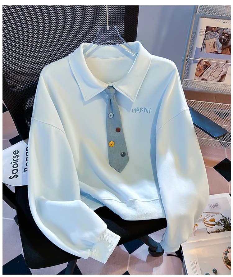 생각하기 Loy 실사 2026 새로운 데님 넥타이 작은 청신 자수 학원 스타일 루즈핏 POLO 칼라 후드티 상세 이미지 18