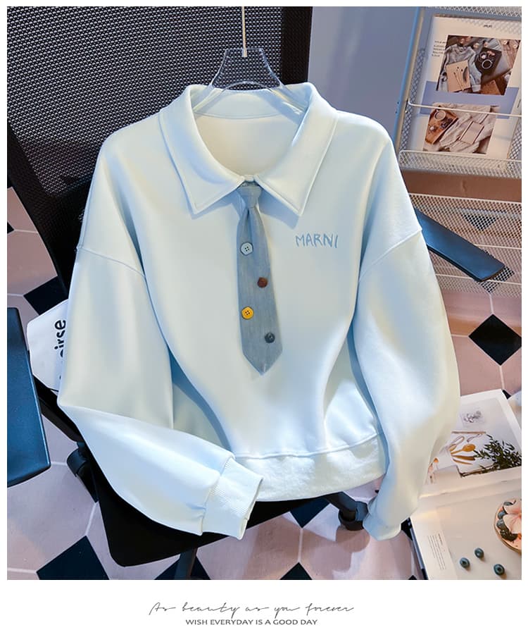 생각하기 Loy 실사 2026 새로운 데님 넥타이 작은 청신 자수 학원 스타일 루즈핏 POLO 칼라 후드티 상세 이미지 20