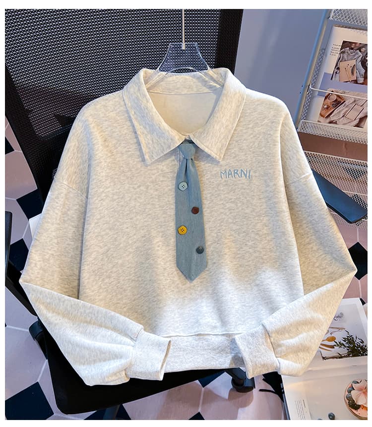 생각하기 Loy 실사 2026 새로운 데님 넥타이 작은 청신 자수 학원 스타일 루즈핏 POLO 칼라 후드티 상세 이미지 26