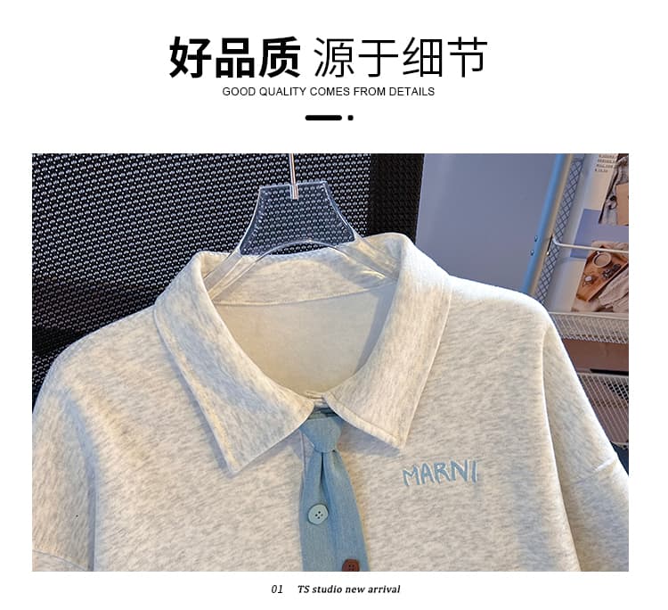 생각하기 Loy 실사 2026 새로운 데님 넥타이 작은 청신 자수 학원 스타일 루즈핏 POLO 칼라 후드티 상세 이미지 28