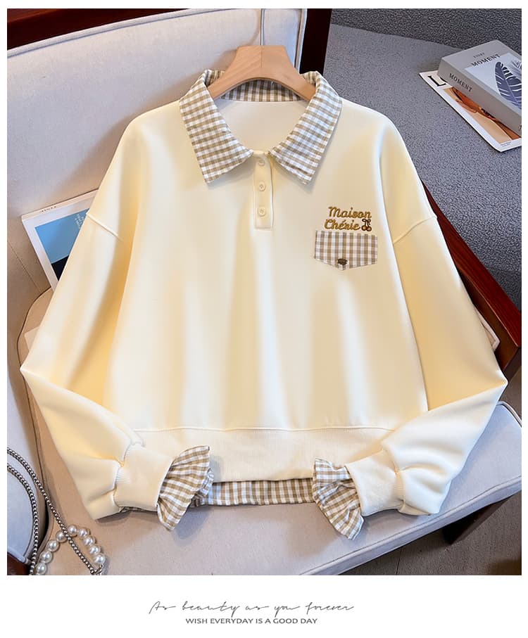 생각하기 Loy 실사 2026 새로운 학원 스타일 패치워크 색상 polo 체크무늬 칼라 페이크 레이어드 캐주얼 다용도 후드티 상세 이미지 14